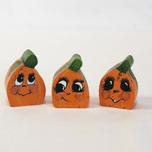 Trio of Tiny Hand Painted Wood Pumpkin Figurines Set of 3 Fall Decor